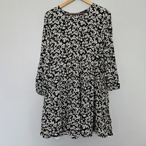 Rails Wilma babydoll dress long sleeve Aster black white floral size large